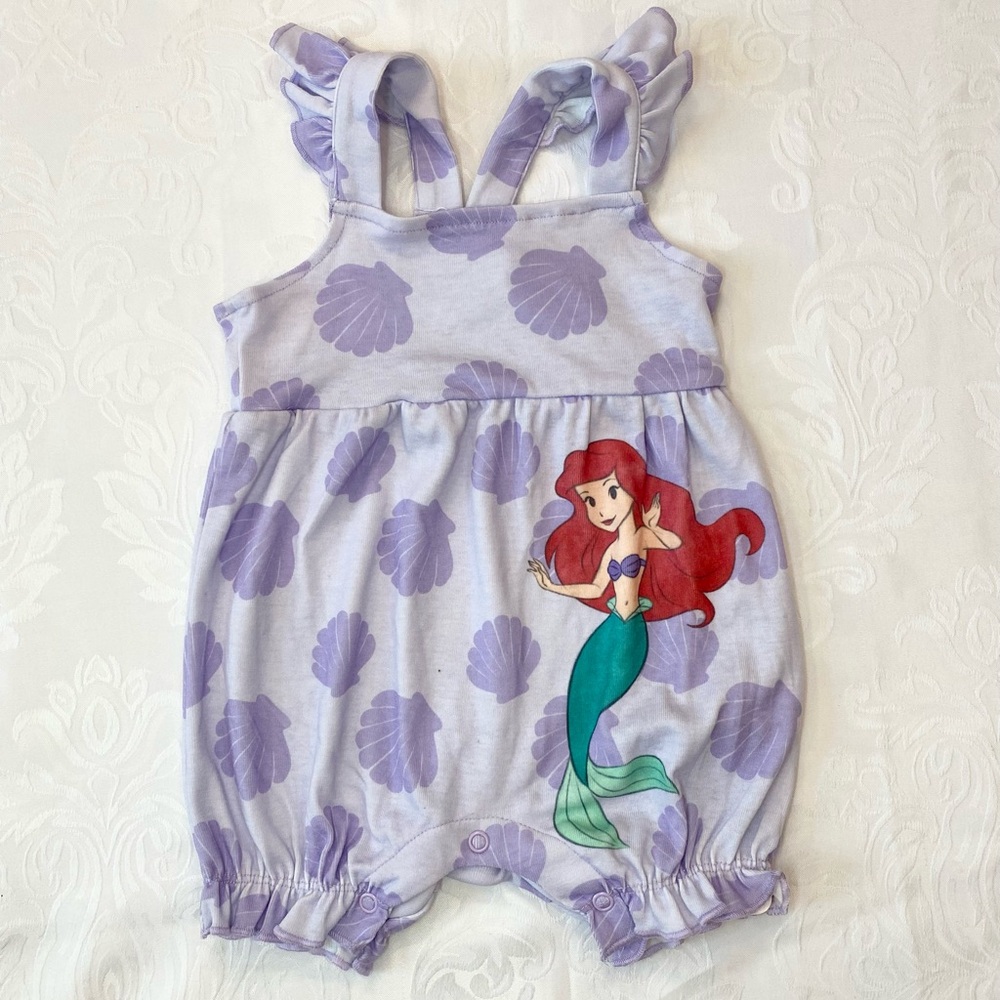 Disney Baby Princess Aril Lavender Shell Print Mermaid Romper, Size 3-6M - Picture 1 of 6